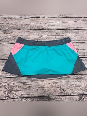NWT Lands' End Teal & Grey Active Swim Skirted Bikini Bottoms Size 12